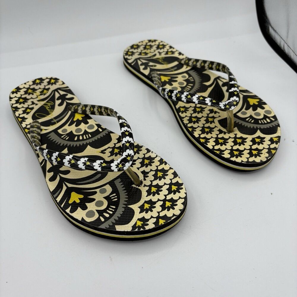 Vera Bradley Sandals Womens Size M 7 8 Fanfare Black Yellow Thong Flip‎ Flops B4